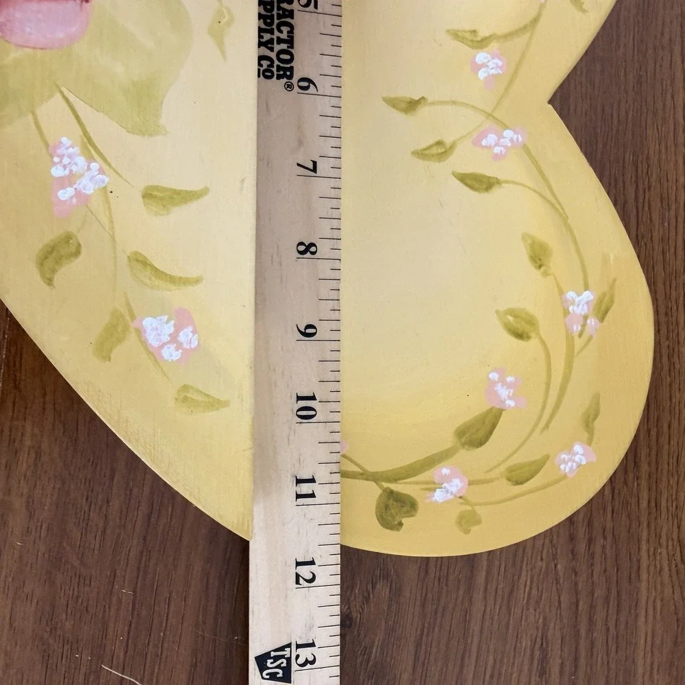 Vintage Heart Wall Shelf Letter Holder Yellow Hand Painted Floral Plastic Plant